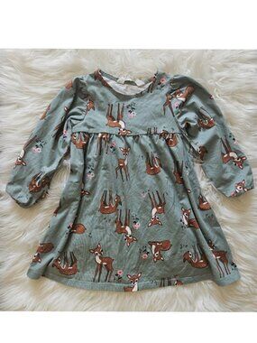 H&M Girl Blue Cotton Deer Woodland Cottagecore Doe Floral Long Sleeve Dress Boho